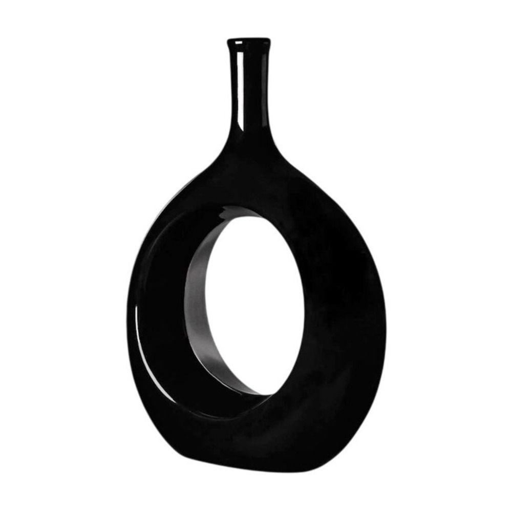 Modern Black Ceramic Donut Vase 10 inch Hollow Circular Minimalist Decor